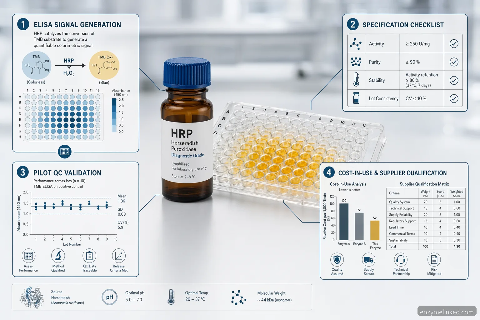 hrp enzyme til diagnostik specifikationscheckliste infographic med ELISA-valg, QC, stabilitet og leverandørkrav