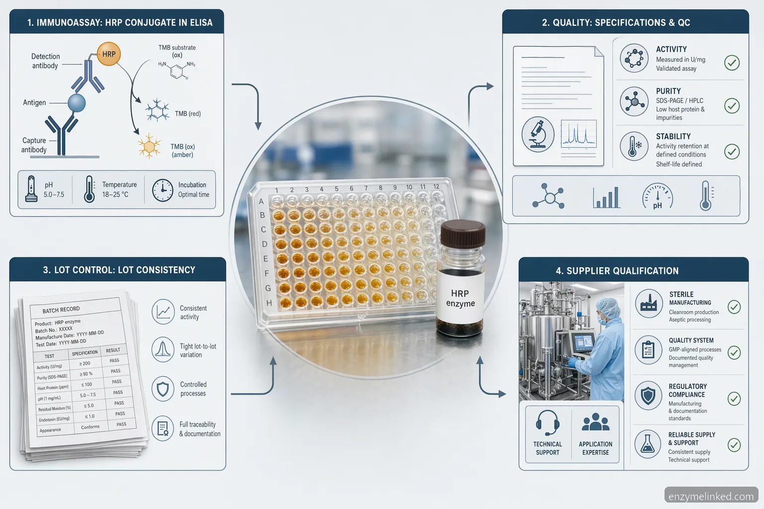 hrp enzyme til ELISA sourcing-guide med assayplader, QC-dokumenter, lotkontrol og leverandørcheckliste