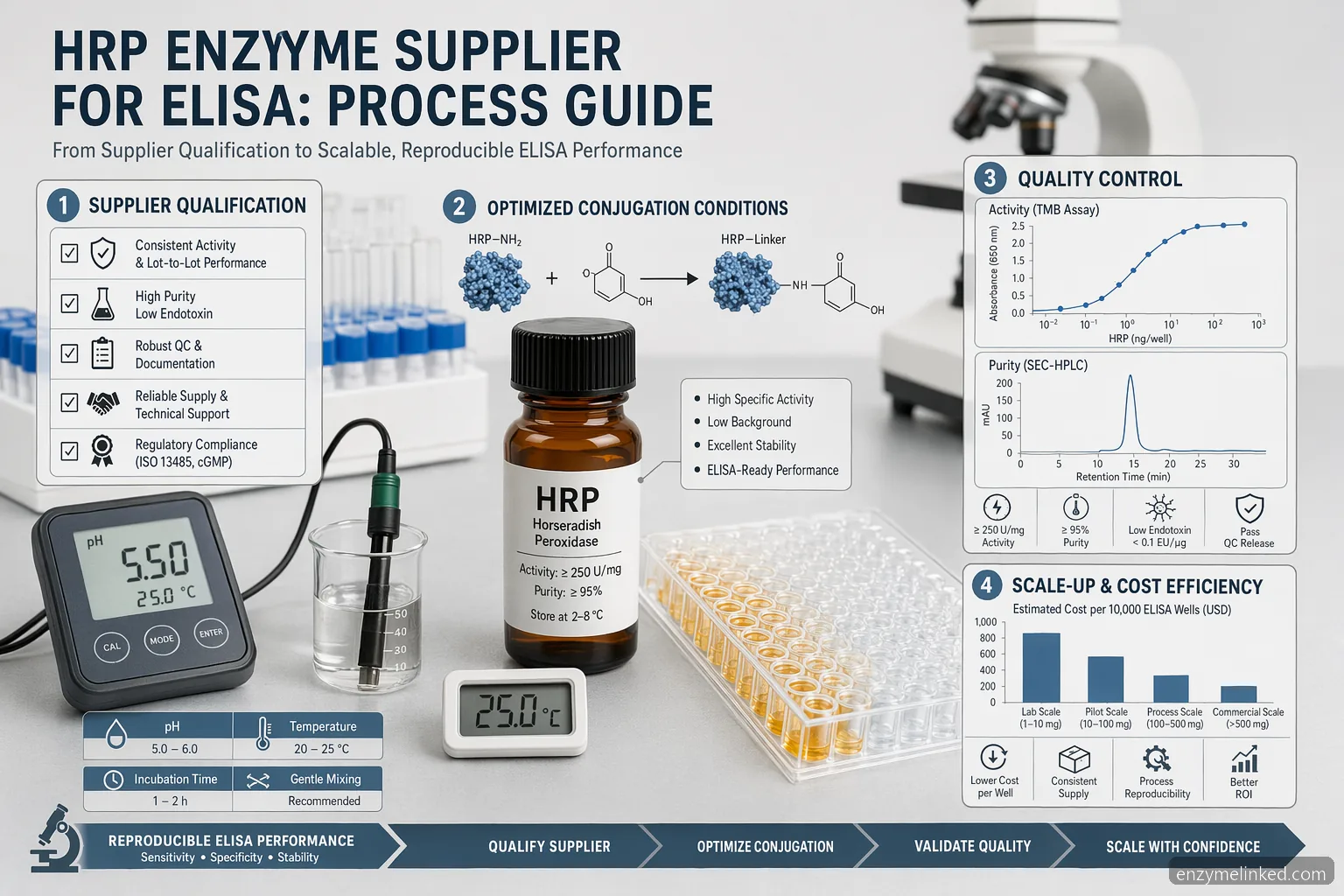 hrp enzyme supplier for elisa process guide로, sourcing criteria, QC checks, conjugation conditions, scale-up economics를 보여줌