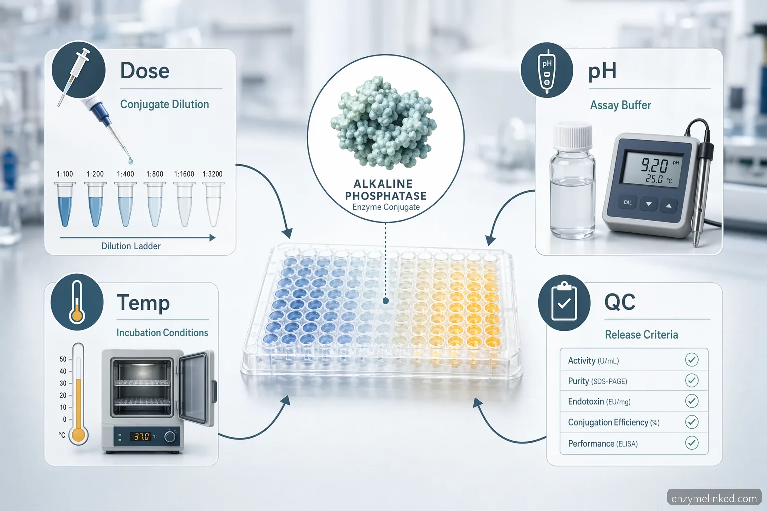 industrial alkaline phosphatase diagnostic elisa troubleshooting 가이드 인포그래픽으로, dosage, pH, temperature, QC checkpoint를 표시