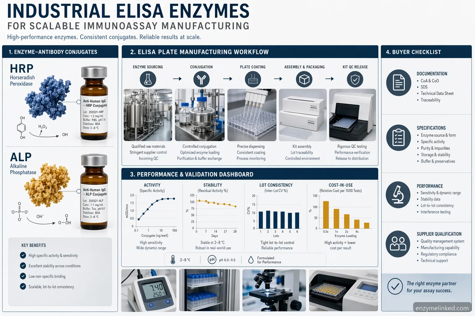 industrial elisa enzymes elisa kit manufacturing 인포그래픽으로, HRP, AP, validation, QC, sourcing checks를 보여줌